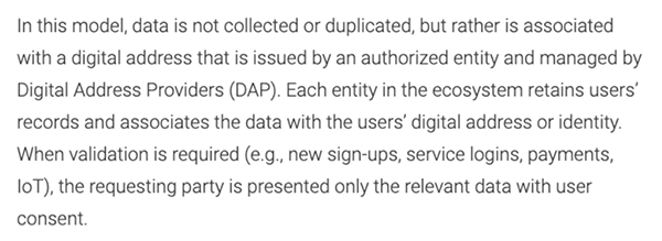 "In this model, data is not collected or duplicated, but rather associated with a digital address that is issued by an authorized entity and managed by Digital Address Providers (DAP)."
